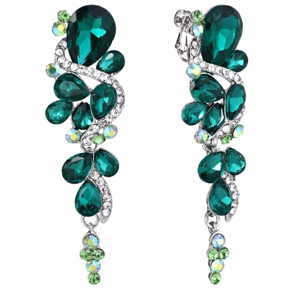 Silver with Emerald Green and AB Austrian Crystal Chandelier Clip On Earrings